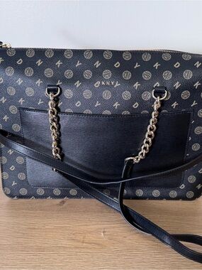 DKNY Black and Tan Logo Chain-Detail Tote